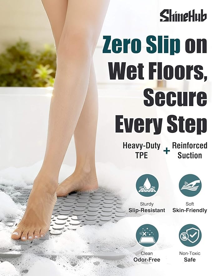 ShineHub Non-Slip Bath Mat for Tub Shower, TPE Machine Washable Bathroom Essentials with Suction Cups, Quick-Dry 28x16 inch (Mist Pine Gray)