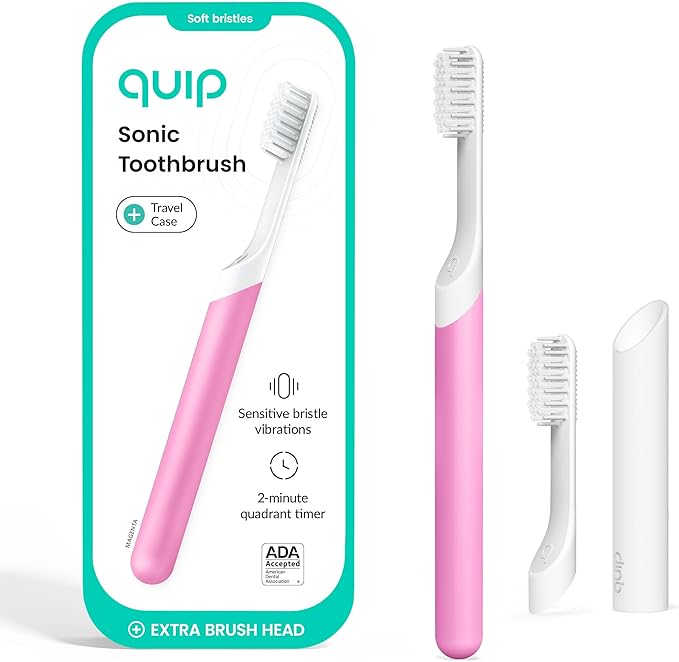 Quip Sonic Electric Toothbrush for Adults - Time Travel & Soft Bristles with Travel Case & Replacement Brush Head - 3 Month Battery Life, Plastic Handle - Magenta