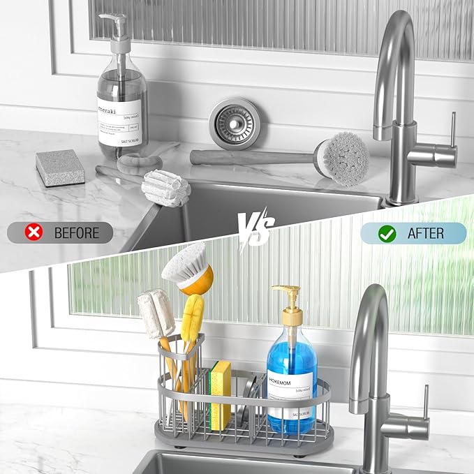 LARGE Kitchen Sink Caddy Organizer,[FLEXIBLE PLACEMENT & FAST-DRYING] Sponge Holder for Kitchen Sink Countertop with High Brush Holder-Rustproof 304 Stainless Steel-9.84"L x 4.72"W x 5.83"H