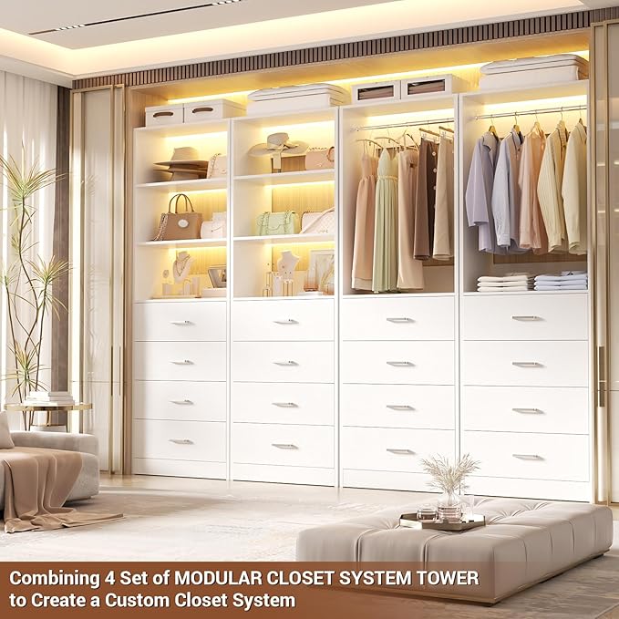 Aheaplus Closet Drawers Organizer System, 5.3FT Wood Closet System with 4 Drawers, Modular Walk-in Closets Storage Unit, Tall Bookshelf Storage Cabinet, White (3 Packs)