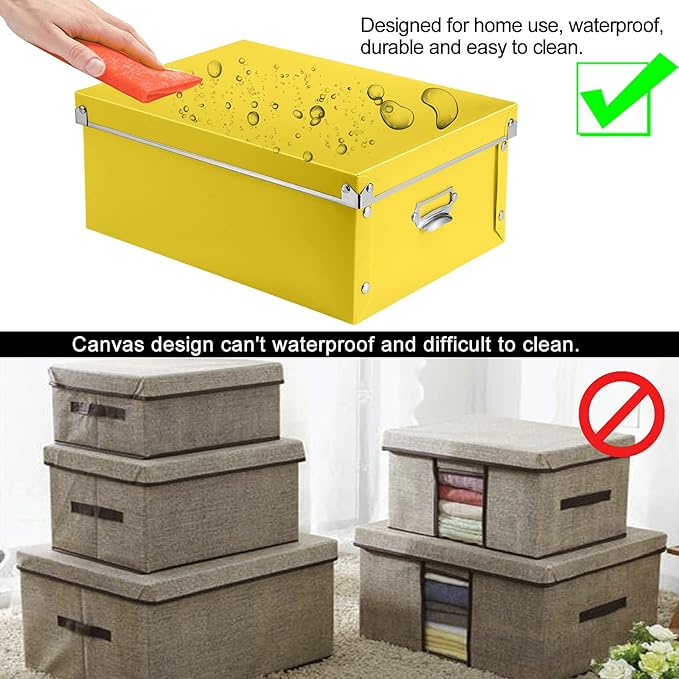 SEEKIND storage box with Lids,3 in 1 Set,Plastic,with Handles,Press-Stud Fastening,Moisture-proof,Foldable for Space Saving Storage,for Clothes,DVD,Blankets (Yellow) …