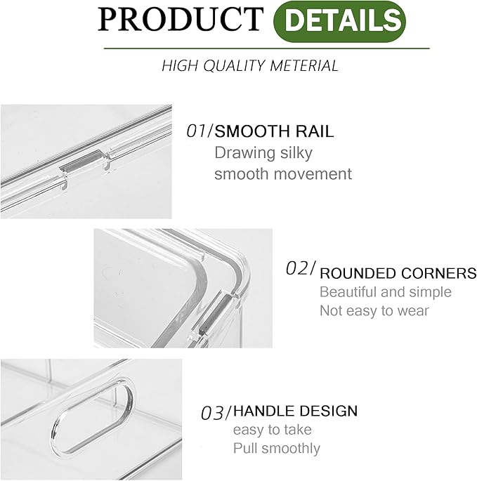 bealy 2 Pack Fridge Organizers and Storage with Pull out Drawer, Stackable Storage Drawer, Clear Refrigerator Organizers, BPA-Free for Kitchen Cabinet Pantry, 3.14QT