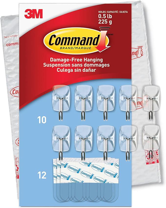 Command Small Clear Wire Toggle Hooks, 10 Wall Hook and 12 Strips, Damage-Free Hanging with Adhesive, Great for Hanging, Organization and Storage, Holds up to 0.5 lb