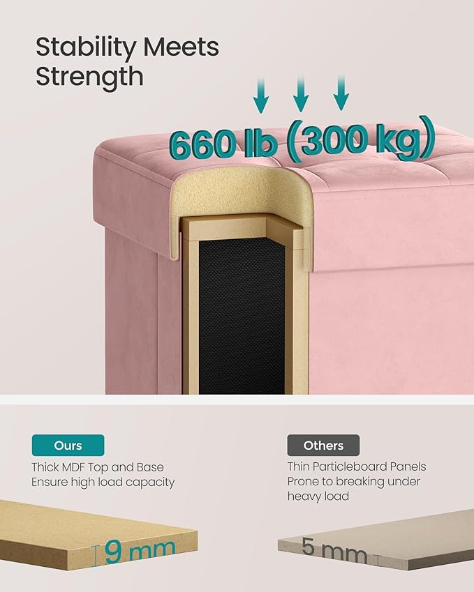 SONGMICS Small Storage Ottoman, Folding Ottoman Cube, 15 x 15 x 15.7 Inches, Footstool, Footrest, 9.8 Gal. (37 L), Velvet Surface, for Bedroom, Living Room, Dorm, Jelly Pink ULSF0516R01