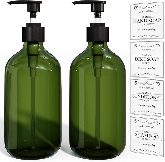 Green Soap Dispenser, Dish & Hand Soap Dispenser Set for Bathroom & Kitchen, Refillable Pump Bottle Dispenser, Plastic Empty Soap and Lotion Dispenser for Liquid, 2 Pcs