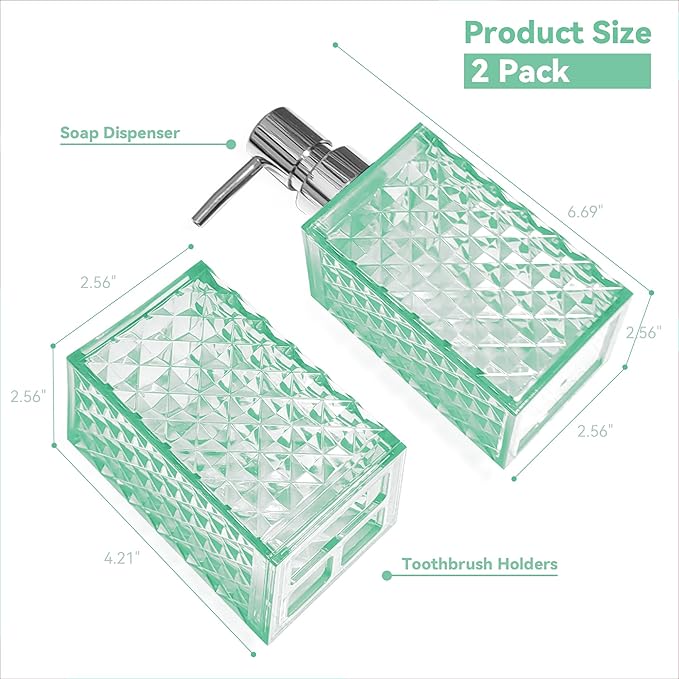 2PCS Mint Green Bathroom Accessories. Contain Soap Dispenser and Toothbrush Holder Set. Boho Bathroom Set for Blue Bathroom Décor