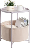 danpinera Round Side Table with Fabric Storage Basket, Metal Side Table Small Bedside Nightstand with Removable Tray Top for Living Room, Bedroom, Nursery, Laundry, Light Violet