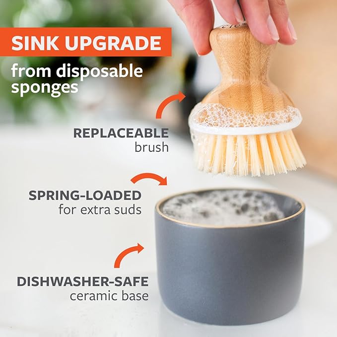 Full Circle Bubble Up Bamboo Dish Brush & Ceramic Soap Dispenser – Family Safe, Formaldehyde-Free – Kitchen Scrub Brush for Dishes, Nonstick & Cast Iron, Gray