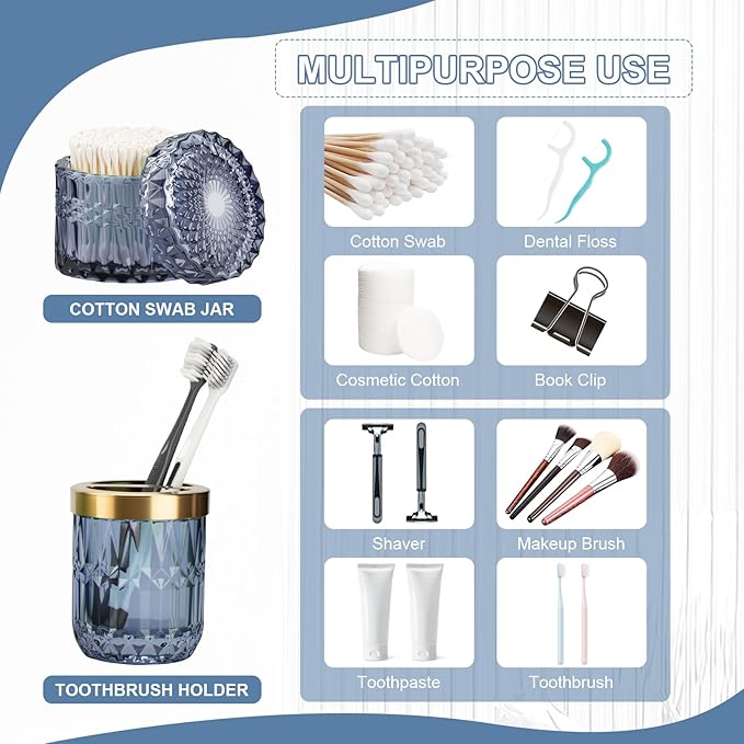 Blue Bathroom Accessories Set, 5Pack Clear Glass Bathroom Accessories, Includes Lotion Soap Dispenser, Toothbrush Holder, Qtip Holder and Soap Dish, Vintage Bathroom Decor