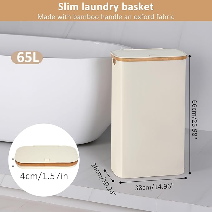 65L Slim Laundry Hamper, Narrow Laundry Basket with Lid,Foldable Clothes Hamper with Bamboo Handles,Hamper Basket with Removable Inner Bag for Laundry Room Bedroom College Dorm,17.17 Gals Beige