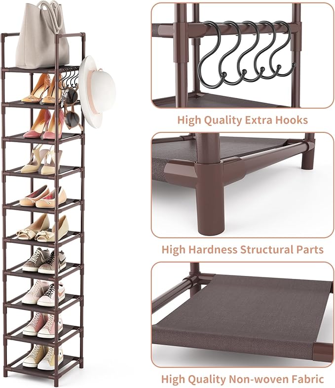 Tall Shoe Rack 10-Tier Narrow Shoe Shelf Storage for 10-15 Pairs Shoe and Boot, Sturdy Shoe Storage Space Saving Corner Shoe Rack Organizer for Closet, Entryway, Living Room, Brown