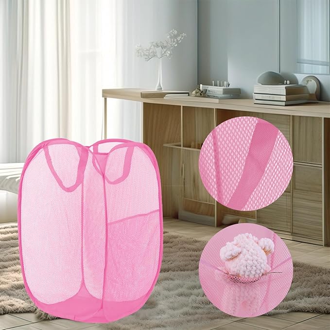 LXLOVESM Pop Up Laundry Hamper, Mesh Laundry Basket Collapsible, Foldable Hamper for Travel and Storage (Pink)