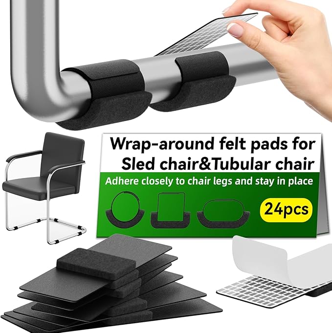 Sled Base Chair Floor Protectors Sled Base Chair Glides Wrap Around Floor Savers,Chair Leg Protectors Furniture Pads,Protect Floors Anti-Scratch Reduce Noise Easy Install (24pcs, Black Felt Pads)