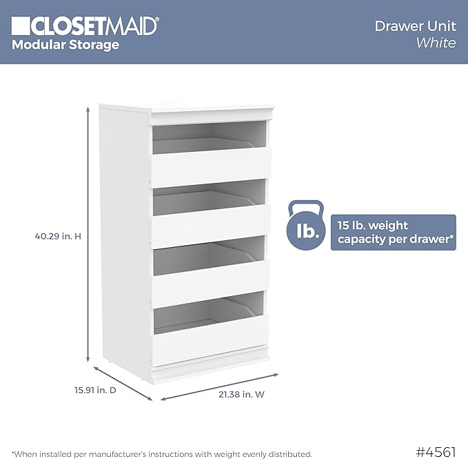ClosetMaid Modular Storage 21.38-inch W 3-Shelf 4-Drawer Tower Wood Closet System, White