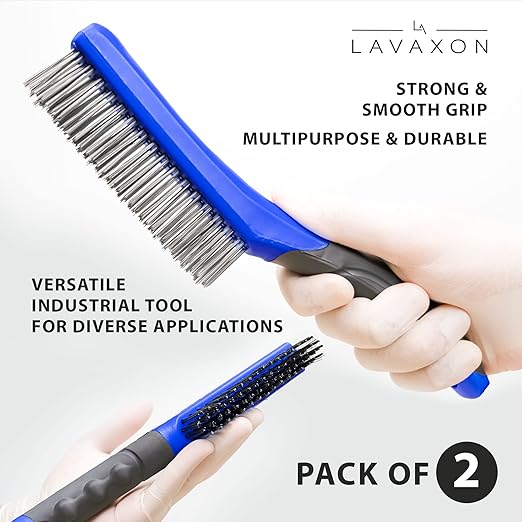 Wire Brush Set-Heavy Duty Stainless & Carbon Steel Bristles with Plastic Handle Grip for Rust, Wielding Slag, Dirt & Paint Scrubbing with Deep Cleaning – 10 Inches (Pack of 2-Blue)