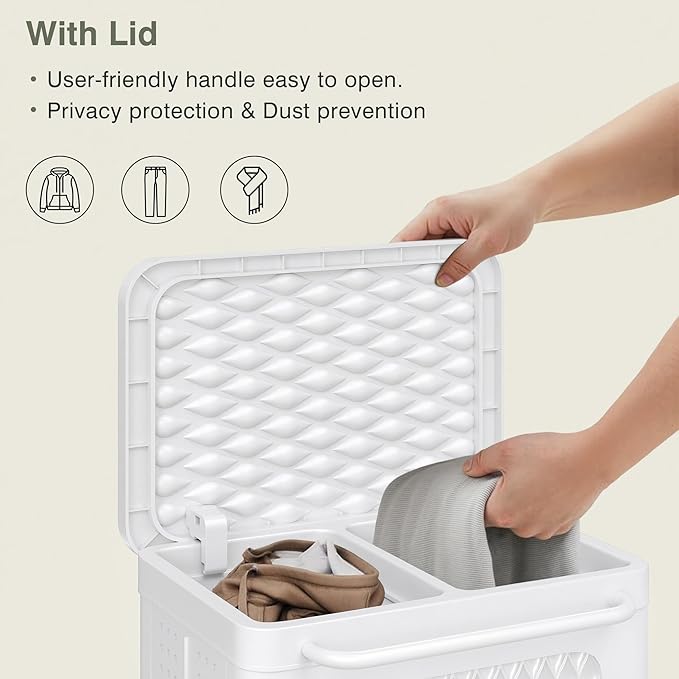 VECELO Rolling Laundry Hamper with Wheels and Lid, Foldable Plastic Laundry Basket with Handle, Rolling Divided Laundry Cart for Small Spaces, Laundry, Bathroom, Bedroom, White