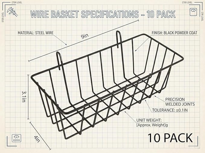 10 PCS Wire Baskets Wall Grid Panel Hanging Wire Basket Hanging Wall Baskets No Drilling Wall Hanging Baskets Grid Wall Storage Basket for Kitchen Bathroom Home Decor Supplies, Black