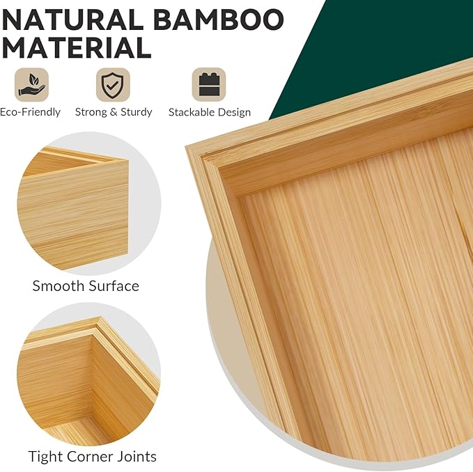 Bamboo Drawer Organizer, Cutlery Silverware Organizer for Kitchen Drawer, Stackable Utensil Organizer, 2 Pcs Flatware Organizer for Drawer, Wooden Storage Box Tray (Bamboo, 9 X 6 X 2 Inch)