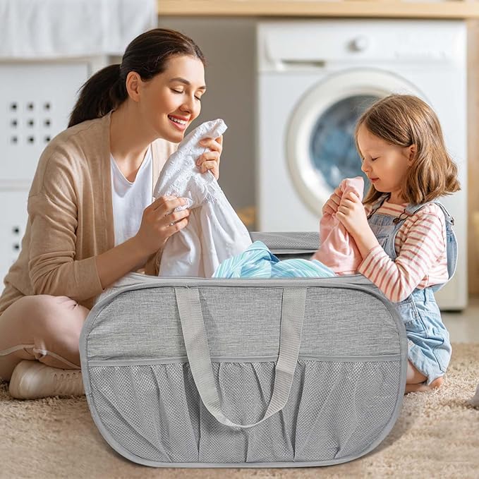 Collapsible Laundry Baskets, Tear Proof Pop Up Laundry Hamper with Lid, Dual Handles Durable Foldable Laundry Basket, Easy to Carry Laundry Hamper for Home, Laundry Room, Bedroom, Dorm, Travel Grey