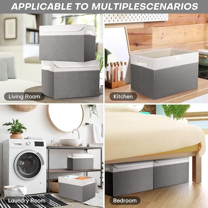 Large 17" 42 Quarts Collapsible Stackable Storage Bins with Lids [3-Pack] Foldable Fabric Linen Storage Boxes Cube, Closet Organizer Baskets with Label (16.7 x 12 x 12, Gray & White)