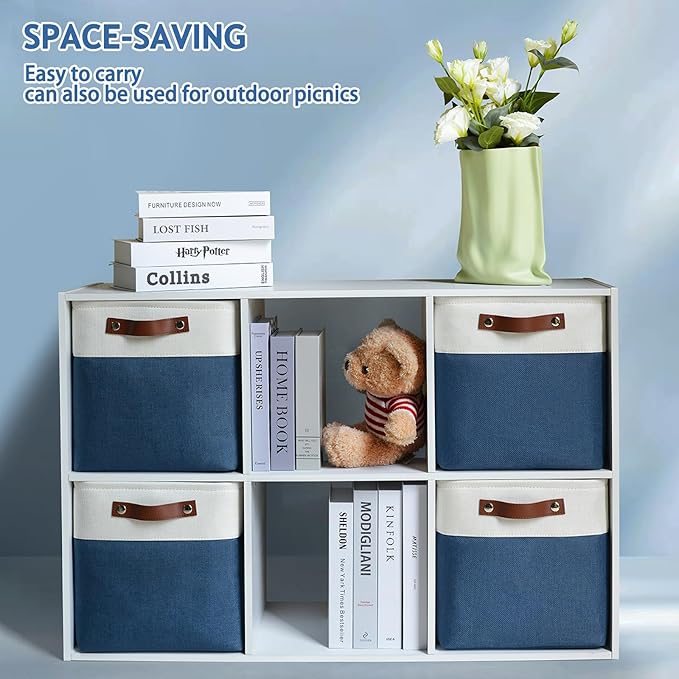 4-Pack Foldable Fabric Storage Cubes 11x11 Inch, Sturdy Cube Organizer Bins with Leather Handles, Storage Baskets for Closet Shelves and Home Organization(White/Blue)
