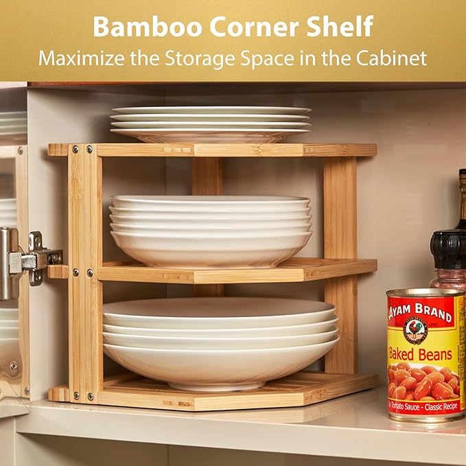 Umilife Plate Organizer for Cabinet, Extra Tall Bamboo Corner Shelf, Dish & Bread Organizer, Spice Rack, Kitchen Bathroom Countertop Storage Organization Space Saver