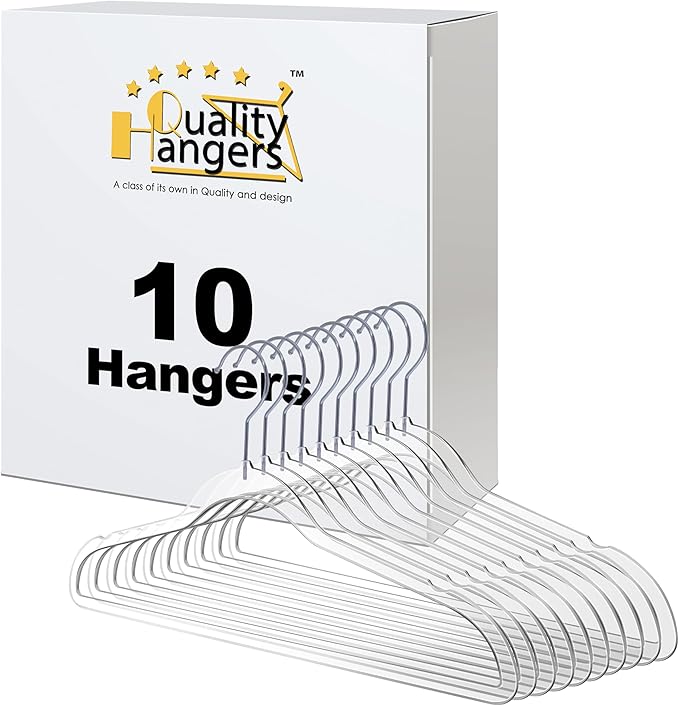Quality Hangers Clear Plastic Hangers for Clothes | 10 Pack - 16.5 Inch | Heavy Duty Hangers Space Saving Crystal Acrylic | 360 Degree Swivel Hook and Notches (Clear, 10)