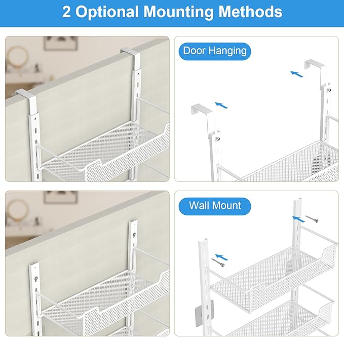 12.3" W Narrow Over the Door Pantry Organizer, 8-Tier Over the Door Organizer with Adjustable Basket, Pantry Door Organization for Pantry Kitchen Storage Room Spice Rack, White