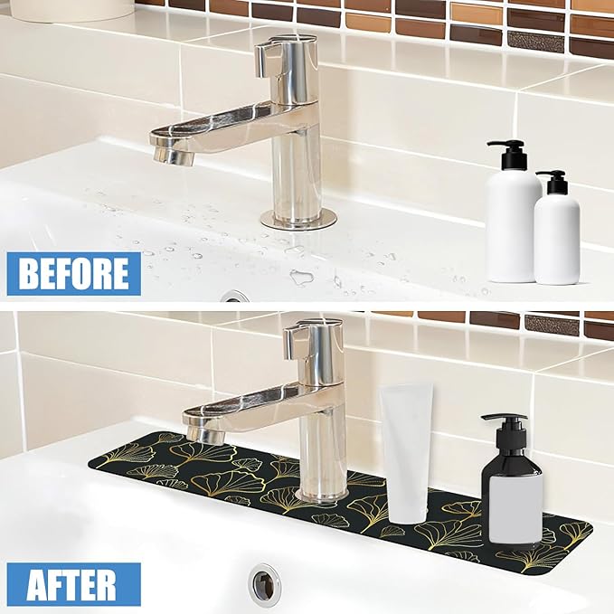 Sink Faucet Absorbing Mat Ginkgo Leaves Sink Splash Guard Drying Mat for Kitchen Bathroom Faucet Sinkmat 23.5"X5.5"