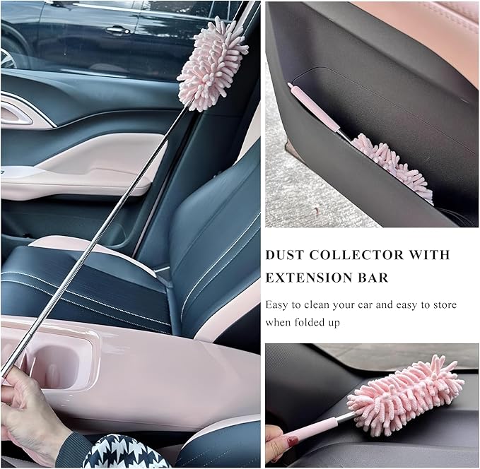 2PCS Car Interior Duster with Extension Pole, 11.8" to 30.5" Retractable Dusters Auto Dash Cleaning Tool, Soft Chenille Hand Washable Dusters for Car Window Furniture Office (Navy Blue)