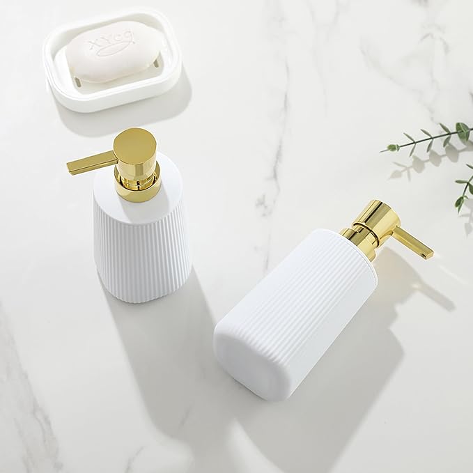 Small Soap Dispenser for Bathroom and Kitchen, Modern Farmhouse Striped Style Plastic Hand Soap Dish Soap Dispenser with Pump Matte White and Gold