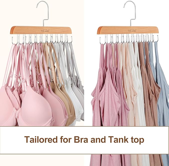 TOPIA HANGER Bra Hanger for Closet, Tank Top Hangers 20 Hooks Capacity Foldable Wood Space Saving Hangers Closet Organizer for Bra, Tank Top, Scarf, Belt, Tie, Hoodie etc - CT46N