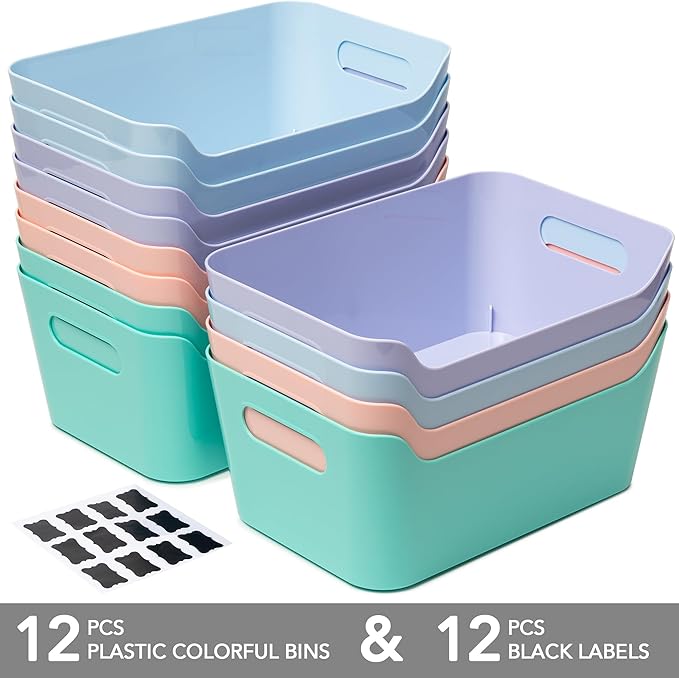 Tiawudi 12 Pack 4.5L Storage Bins, Plastic Storage Baskets for Home Classroom Organization, Multi-Use Organizer Bins for Cabinet, Pantry, Drawer, Closet, Countertop or Shelves, Colorful Containers