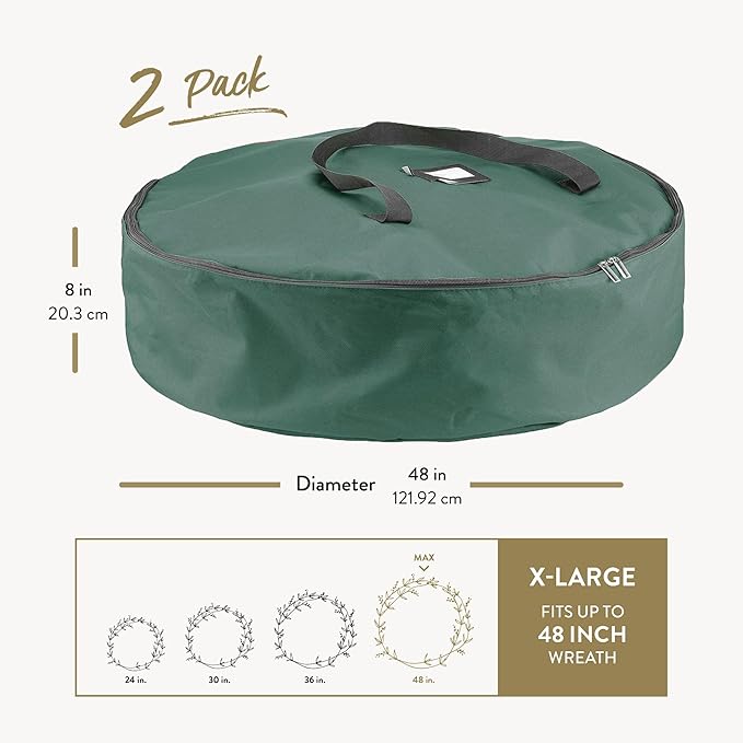 ZOBER 2 Pack Oxford Christmas Wreath Storage Container 48 Inch - Wreath Bag for Artificial Wreaths Box - Waterproof Fabric, Dual Zippered Wreaths Storage Bag With Strong Durable Handles - Green