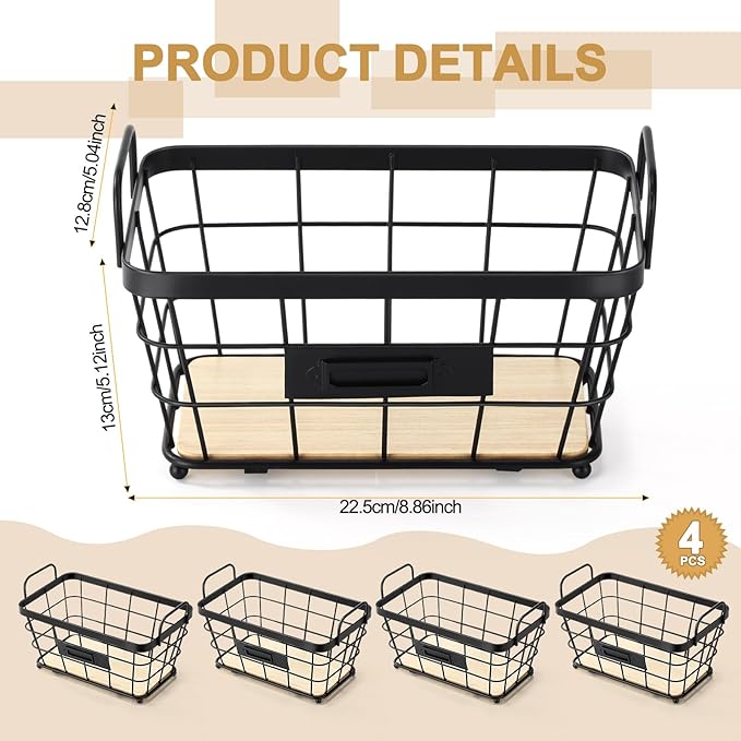 4 Pcs Black Metal Wire Pantry Storage Baskets with Wood Bottoms Small Wire Basket 8.8 x 5 x 5 Inch Farmhouse Decoration Metal Pantry Storage Organizing Caddy Bin Baskets for Bathroom Kitchen