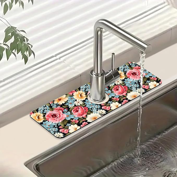 Colorful Flowers Sink Splash Guard Vintage Floral Faucet Absorbing Mat Fast Drying Mat Sink Gadgets Splash Guard Behind Faucet Drip Catcher for Kitchen Bathroom, 15.5"x5.5"