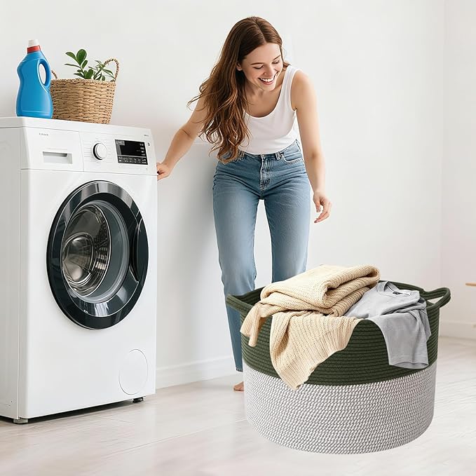 115L Large Blanket Basket,23.6" L x 23.6" W x 15.7" H Rope Woven Baskets with Handles, Toys Storage Bins,Laundry Basket Perfect for Living Room, Nursery,Bedroom,Home Organization,Green&White