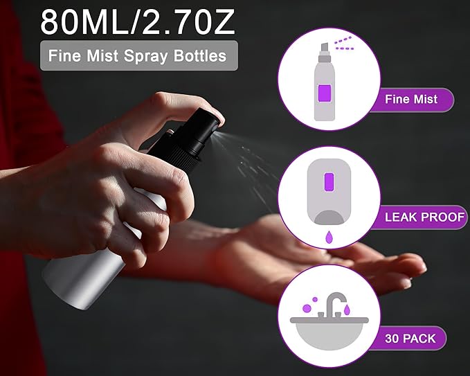 Tessco 2.7oz/ 80ml Aluminum Fine Mist Spray Bottles Reusable Metal Atomizer Bottles Fine Mist Sprayer Essential Oil Storage with Black Pump for Travel Cosmetic Perfume Toner Face Spray(50 Pcs)