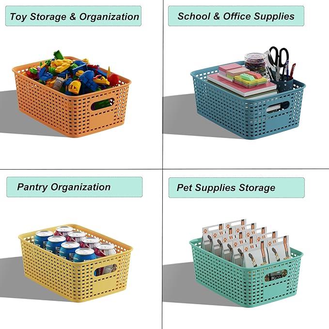Plastic Storage Basket for Organizing 12 Pack Small Colored Storage Bins Container for Shelves, Colorful Shelf Baskets with Handles for Pantry Classroom Playroom Kitchen Cabinet Organization
