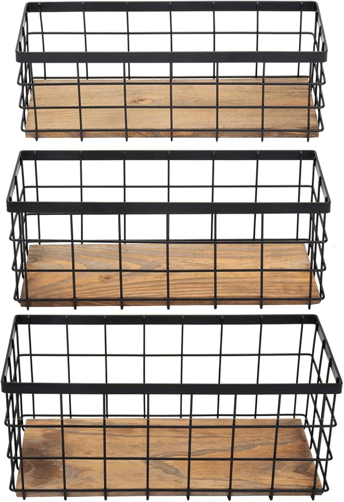 TIEYIPIN Farmhouse Decor Metal Wire Storage Baskets, Wood Base Containers Organizing Basket Caddy Bin for Kitchen Cabinets, Bathroom, Pantry, Garage, Laundry Room, Closets - Small - Black (Set of 3)