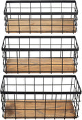 TIEYIPIN Farmhouse Decor Metal Wire Storage Baskets, Wood Base Containers Organizing Basket Caddy Bin for Kitchen Cabinets, Bathroom, Pantry, Garage, Laundry Room, Closets - Small - Black (Set of 3)