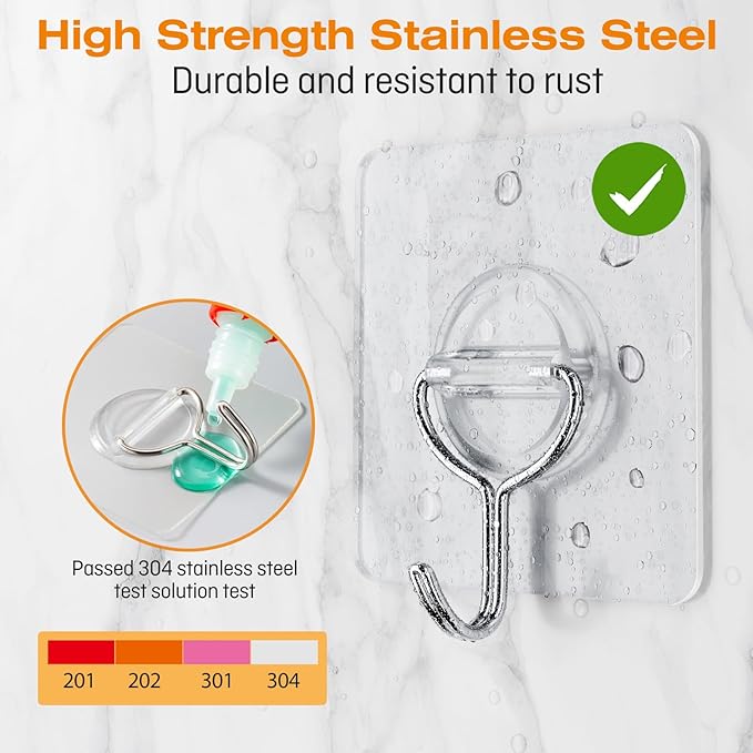 48 Pack Heavy Duty Adhesive Wall Hooks for Hanging - 33lb Max, Transparent Waterproof Rustproof Self Adhesive Hooks for Bathroom, Shower, Kitchen, Outdoor and Home