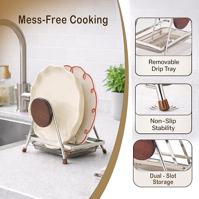 6.5mm Stainless Steel Pot Lid Holder while Cooking, Multifunctional Cutting Board Pan Lid Organizer for Countertop with Beech Wood Accents, Heavy Duty Rack with Nonslip Pads & Removable Drip Tray