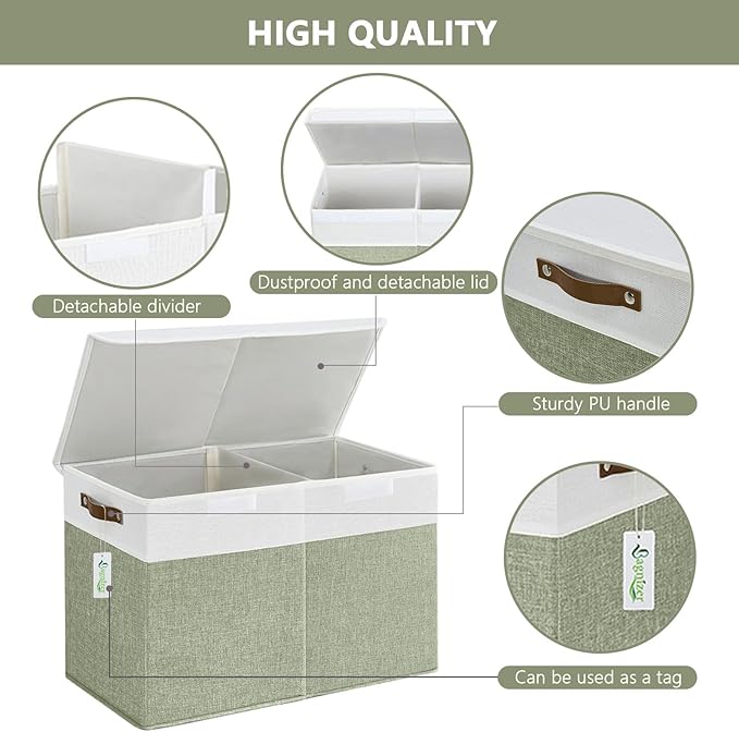 Large Toy Storage Box with Lids, Collapsible Sturdy Baby Storage Organizer Chest Bin Basket for Kids, Boys, Girls, Playroom, Nursery, Bedroom, Closet 25"x13"x16" (Green and White)