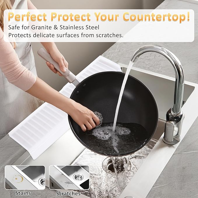 Sink Edge Protector with Suction Cup 4"x14", Silicone Sink Splash Guard for Kitchen & Bathroom, Protect Countertop from Scratches, Stains, for Stainless Steel Granite Quartz-Clear