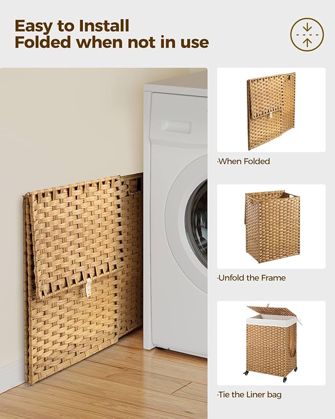 Greenstell Laundry Hamper with Wheels, No Install Needed, 90L Divided Handwoven Hampers & 2 Removable Liner Bags, Synthetic Rattan Clothes Laundry Basket with Lid & Handles, Foldable Hampers Natural