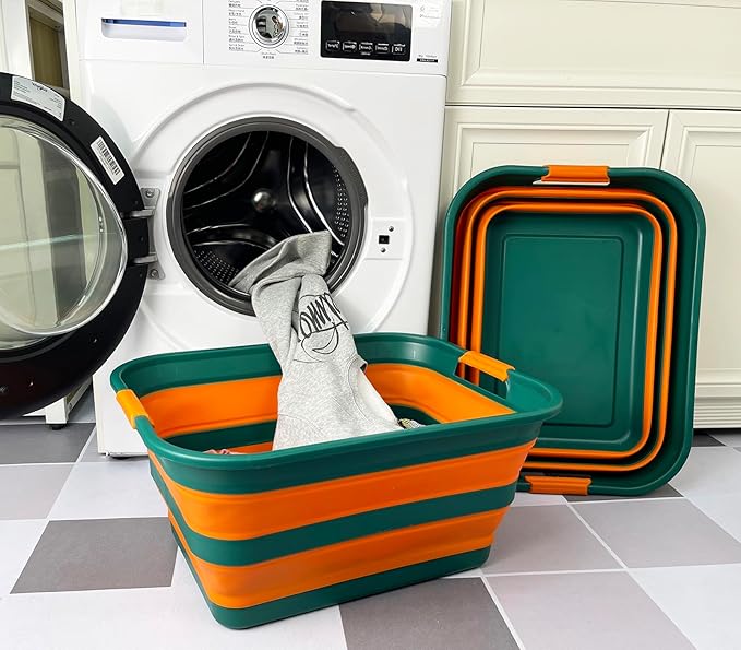 SAMMART Collapsible Plastic Laundry Basket with Handle/Foldable Pop Up Storage Hamper/Portable Laundry Organizer-Space Saving Washing Tub/Household Storage (Teal Green/Autumn leaf, 42L (Set of 2))