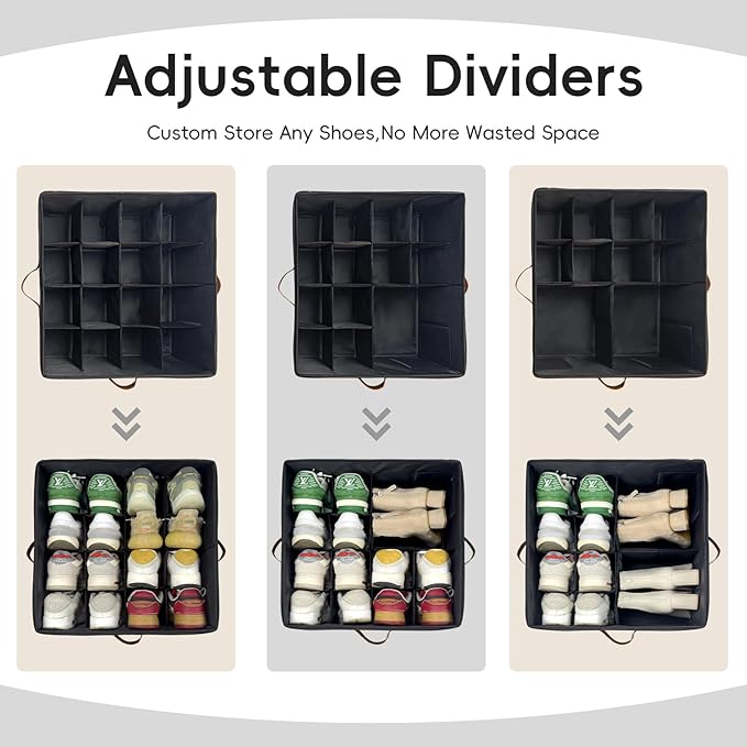 Shoe Organizer for Closet, 3 Pack Shoe Storage Bins with Clear Cover, Adjustable Dividers Fits 24-48 Pairs, Black
