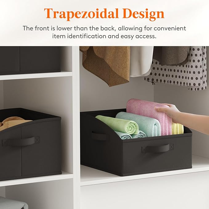 Lifewit Trapezoid Closet Storage Bins for Shelf, 6 Packs Non-woven Closet Organizer Baskets with Handles, Foldable Clothes Containers Boxes for Clothing, Book, Purse, 16L, Medium, Black