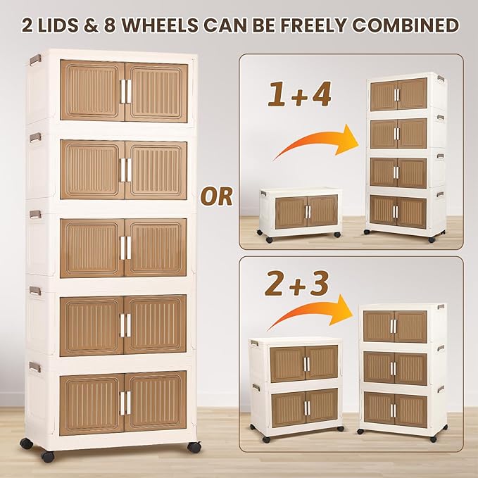 5 Pack 330 QT Stackable Storage Bins with Lids 82.5 Gal Storage Bins Closet Organizers and Storage Plastic Storage Bins Collapsible Storage Box with Wheels for Bedroom Living Room Dorm Office